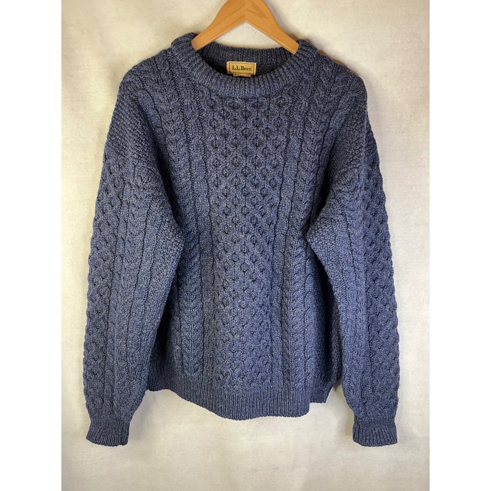LL Bean men's vintage cable knit fisherman sweater 100% wool L Made in Ireland